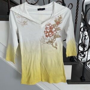 Seven7 Women’s White and Yellow Hooded Top with 3/4 Sleeve